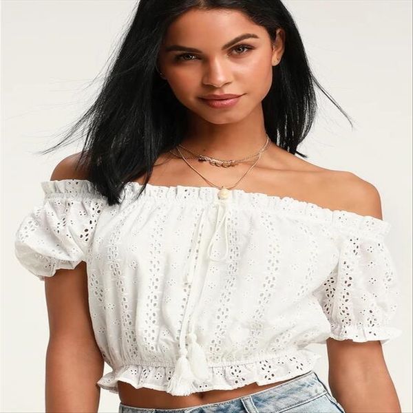 

2019 women's one-line collar tie hollow embroidered short 2019 women's t-shirt jacket one-line collar tie hollow embroidered short, White
