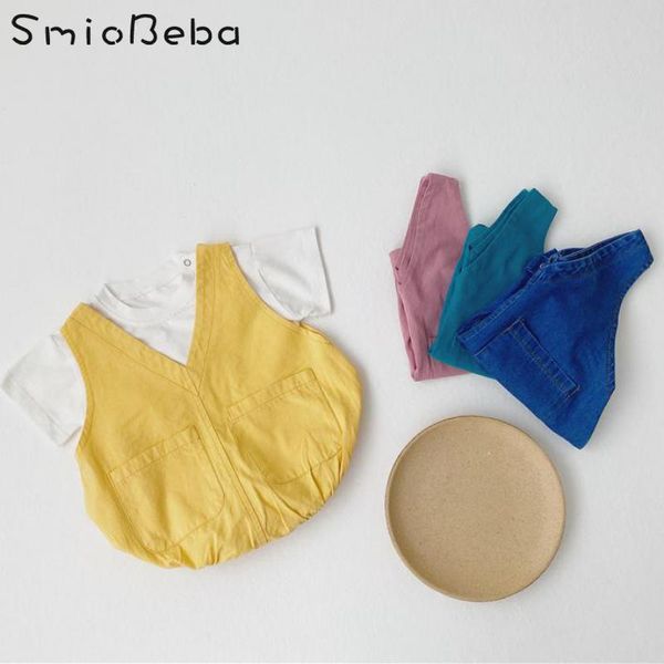 

ins summer korean baby cute romper + simple white shirts two pieces set thin denim creeper solid color jumpsuits 2-piece suits, Blue