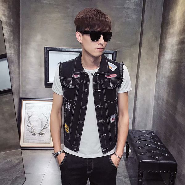 

men's fashion cool denim vest jacket black patches waistcoat plus size 5xl male slim fit casual sleeveless white denim jacket, Black;white
