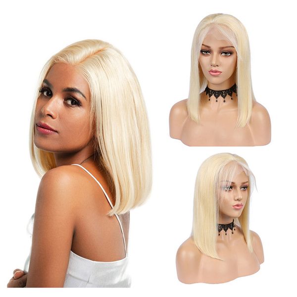 

613 lace front human hair wigs bob cut wigs straight transparent short full lace wigs 130%~150% honey blonde unprocessed human hair, Black;brown