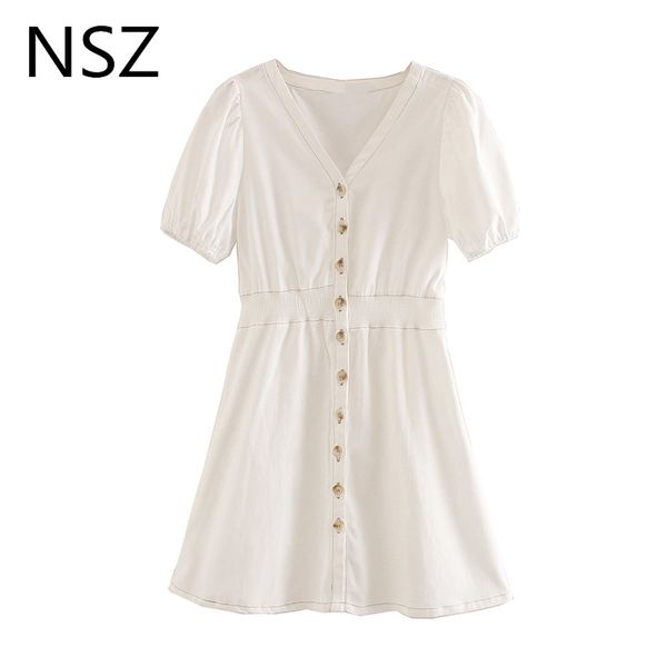 

nsz women cotton white summer mini short dress short sleeve button slim waist pleated elegant dress office ladies 2020, Black;gray