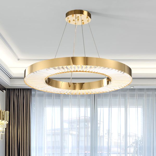 

circle led chandelier lighting for living room gold modern crystal lamp bedroom polished steel ring lustres de cristal