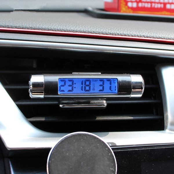 

2in1 car auto lcd clip-on digital temperature thermometer clock calendar automotive blue backlight clock new