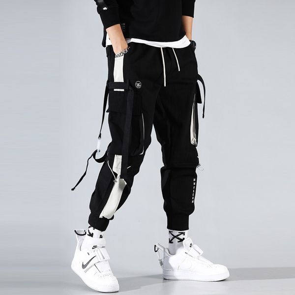 

hit color joggers men black harem pants multi-pocket ribbons man sweatpants streetwear casual pants elastic waist male trousers
