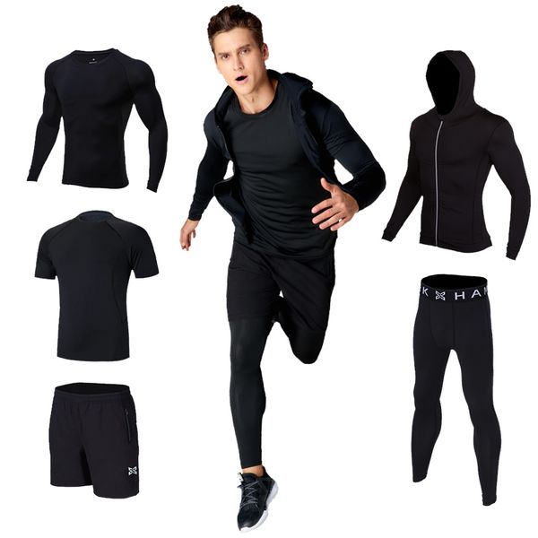 

hamek men's sports suit running set basketball trainning fitness gym workout tights compression shirt leggings reflective jacket, Black;blue