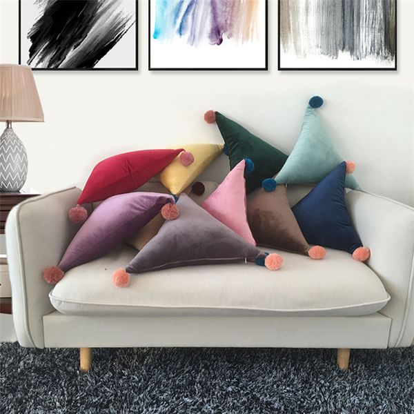 

velvet cushion ins solid triangle rectangle pillow flush pompon ball cushion sofa car chair home decorative throw pillows 5100