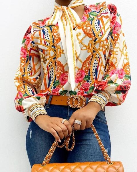 

2020 new scarf neck baroque print lantern sleeve blouse shirt women v neck retro print elegant ladies shirt fashion, White