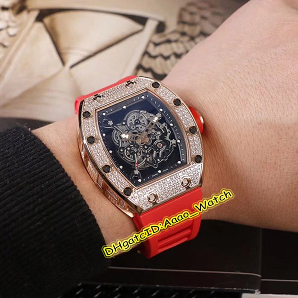 

Luxry new rm055 keleton dial ro e gold diamond ca e automatic mechanical men watch red rubber trap port watche