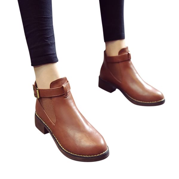 

women's belt buckle short tube round head boots women's mid-heel ankle boots scarpe donna estive comode#g2, Black