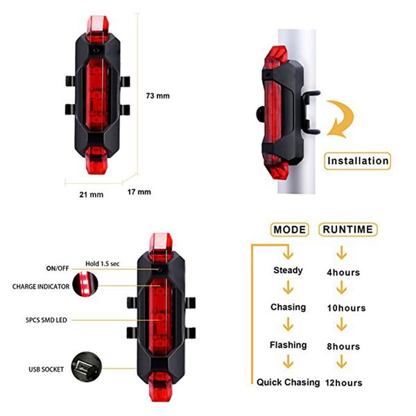 

rechargeable bicycle bike light led taillight rear tail safety warning cycling portable seatpost light usb