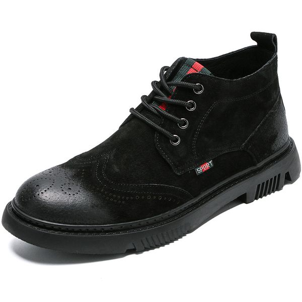 

italian brand designer mens luxury fashion cowboy boots caving brogue genuine leather shoes platform bullock ankle boot sapatos, Black