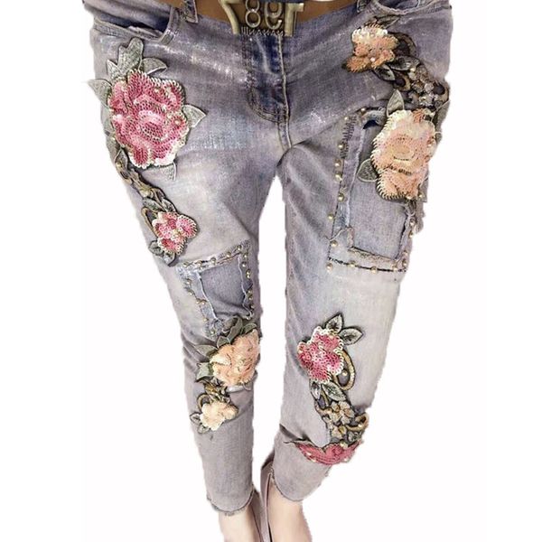 

women's jeans 3d flower sequins beading trousers stretch 2021 fashion female embroidered flares, Blue