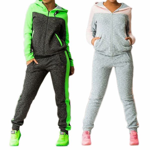 

2020 spring autumn two-piece tracksuit jogging suits for women sport suits patchwork hooded running sets sweat pants, Black;blue