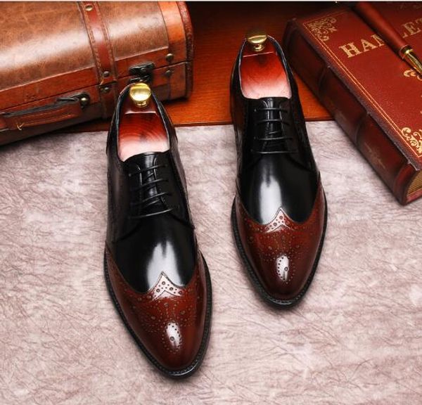 

intage british style brogue carved shoes flat heel fashion genuine leather mens formal business shoes, Black