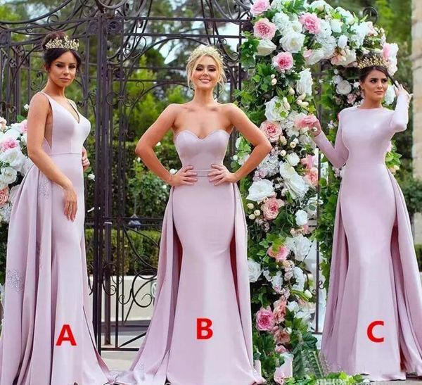 

Cheap Pink Mermaid Long Bridesmaid Dresses With Train Strapless Satin Long Sleeve Wedding Guest Dress Maid Of The Honor Dress Custom Made