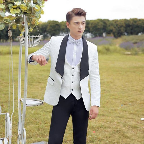 

new one button white paisley wedding groom tuxedos shawl lapel groomsmen mens dinner prom suits (jacket+pants+vest+tie) 534, Black;gray