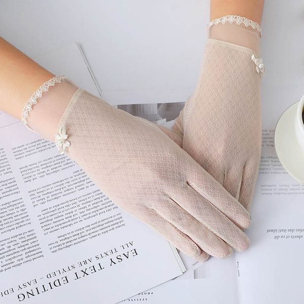 

summer women uv sunscreen short sun screen pearl flowers gloves thin silk lace touch screen viscose driving gloves j53, Blue;gray