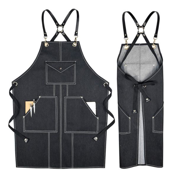 

black denim apron cowhide leather cotton strap barista bartender pastry chef uniform barber hairdresser florist work wear k13