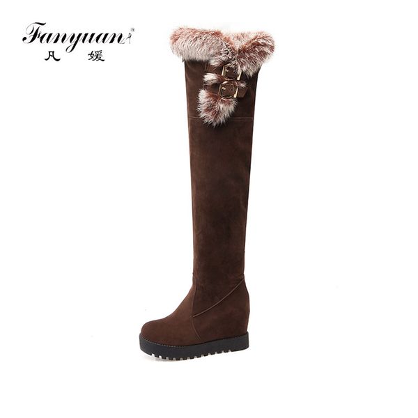 

fanyuan women thick fur snow boots buckle wedges boots inside heel over knee boot cold winter botas women footwear long, Black