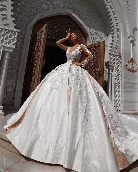 

vintage satin ball gown wedding dresse luxury off shoulder long sleeeves crystal beaded saudi arabian dubai bridal gown plus size, White
