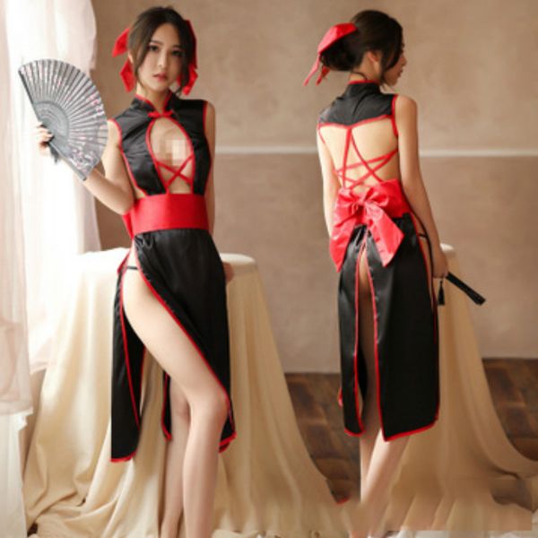 

women new cheongsam sleepwear high slit backless uniform dress nightclub anime lingerie for girls 2020 clothing, Black;red