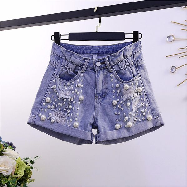 

diamonds pearls beading denim shorts women fashion holes loose short femme 2020 summer new arrival pants, Blue