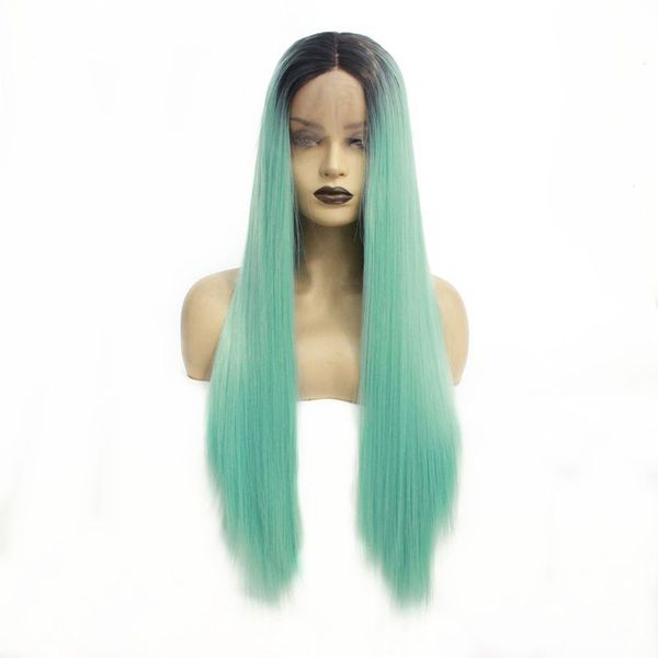 Long Style Dark Roots Ombre Light Green Cosplay Party Synthetic Wig Fiber Hair Lace Front Wigs For Women Equal Freetress Freetress Lace Wigs From