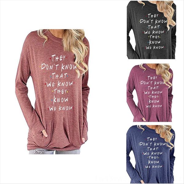 

2020 women's letter printed round neck pocket long sleeve female 2020 women's letter printed round neck pocket long sleeve t-shirt, White