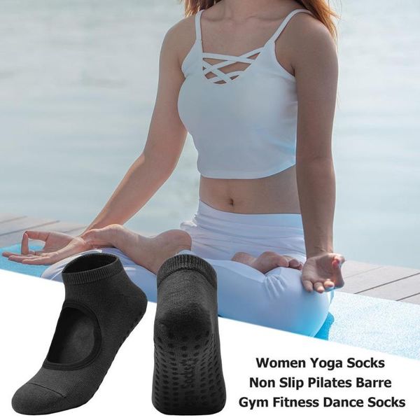 

durable sports socks solid color women pilates barre yoga socks breathable gym fitness dance sport non slip, Black