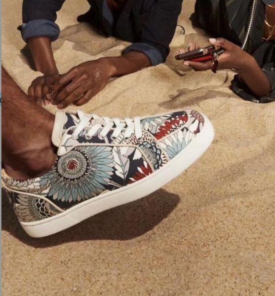 

designer sun flowers print genuine leather red bottom junior no spikes junior sneakers, luxury mens women party wedding dress casual t16, Black