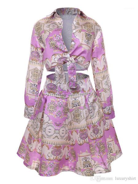 

two piece dress women print long sleeve 2pcs sets ladies skirts with button summer pleated skirt, White