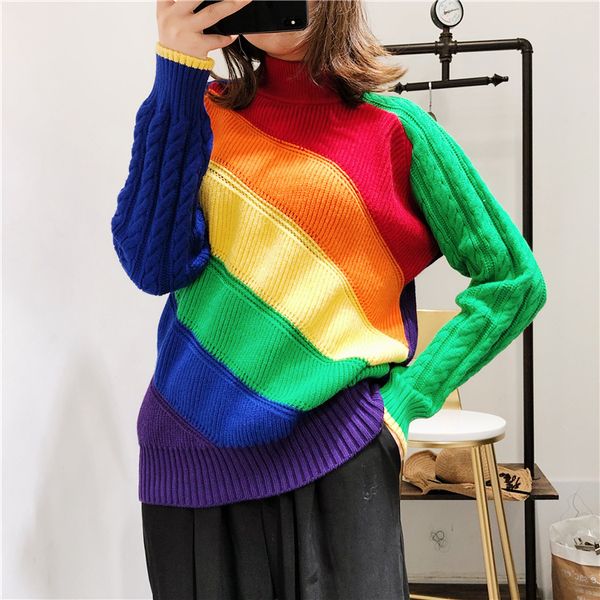 

loose turtleneck rainbow sweater women 2018 colors patchwork striped half-high collar knit sweater pullover womens cool, White;black