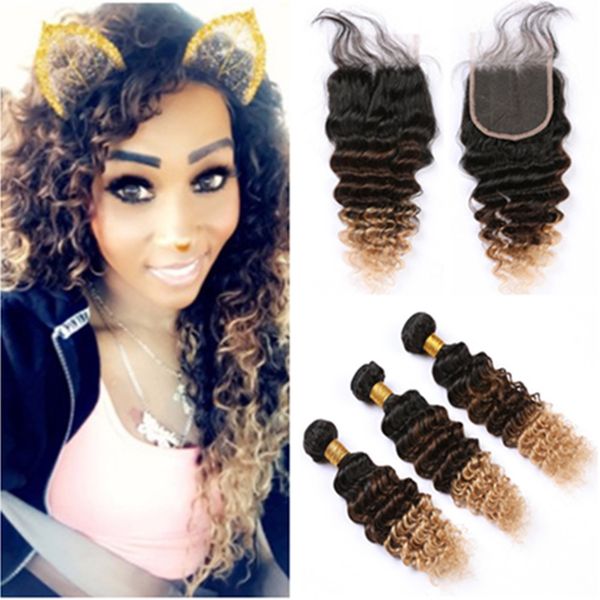 1b 4 27 Black Brown To Honey Blonde Ombre Deep Wave Malaysian