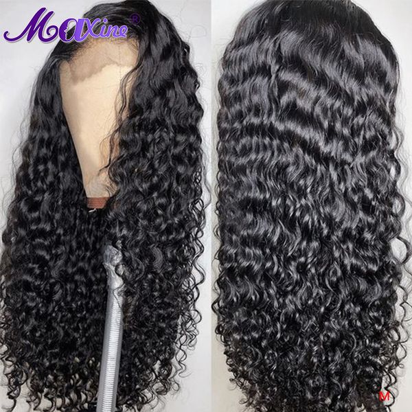 

lace wigs maxine water wave front 10-24inch remy human hair frontal wig for black women 150% density 13*4 long, Black;brown