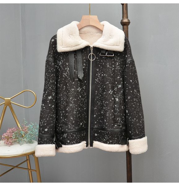 

genuine leather 2019 new natural real sheep fur coat winter jacket women pattern of stars thick warm parka real fur clothing, Black