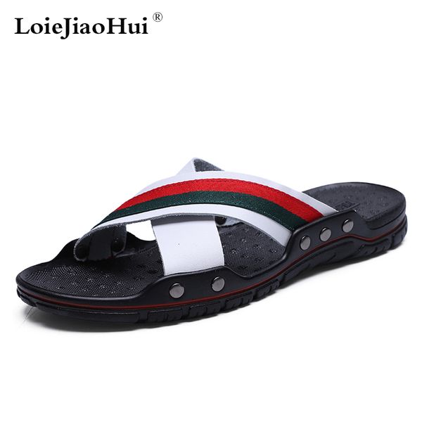 

2019 fashion summer men genuine leather slippers handmade flip flops comfortable cool beach sandals massage casual flats shoes, Black