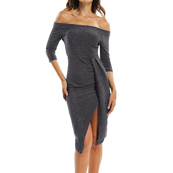 

women's fashion dress half sleeve one shoulder high waist split dress sashes brief solid sheath party, Black;gray