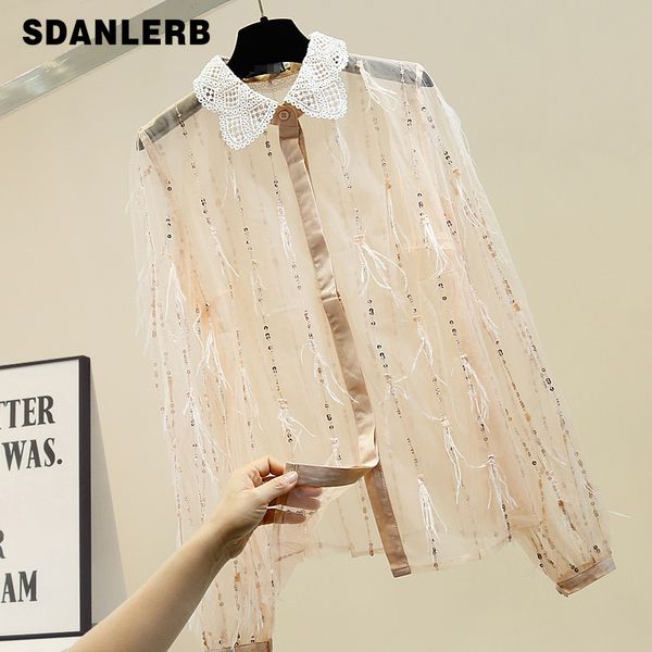 

сетчатая блузка женщина блестками перья бахромой кружево-панель сладкий кукла воротник прозрачная рубашка женские блузки и топы уличная одеж, White