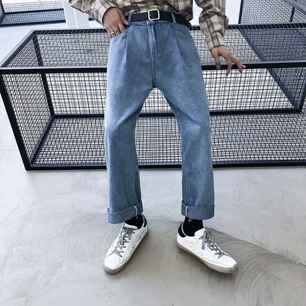 

men's jeans spring and autumn 2021 teenagers cowboy straight loose pants korean old casual wide-leg denim, Blue