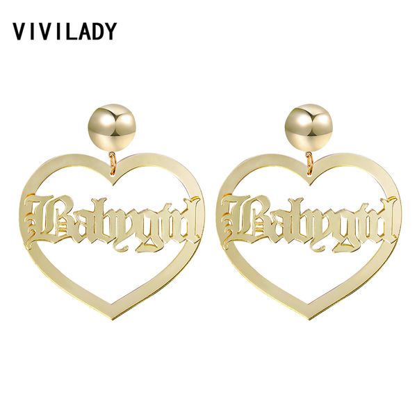 

vivilady trendy letter heart mirror acrylic drop dangle earrings women gold color statement boho african bridal jewelry gifts, Silver