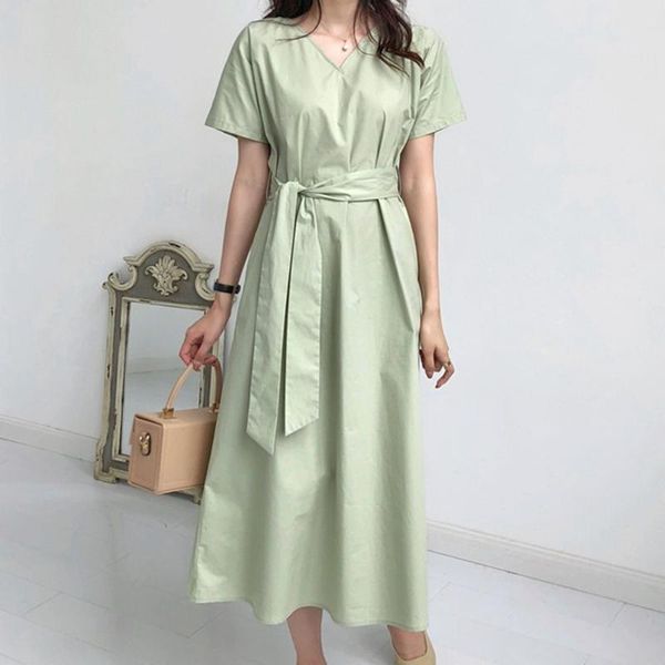 

korean women midi dress 2020 summer lace up v neck fashion green long shirt dresses a line elegant office lady casual vestiods, Black;gray