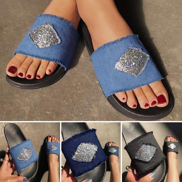 

2020 womens ladies fashion casual denim crystal open toe outdoor slippers beach shoes denim rhinestone open toe flats sandals, Black