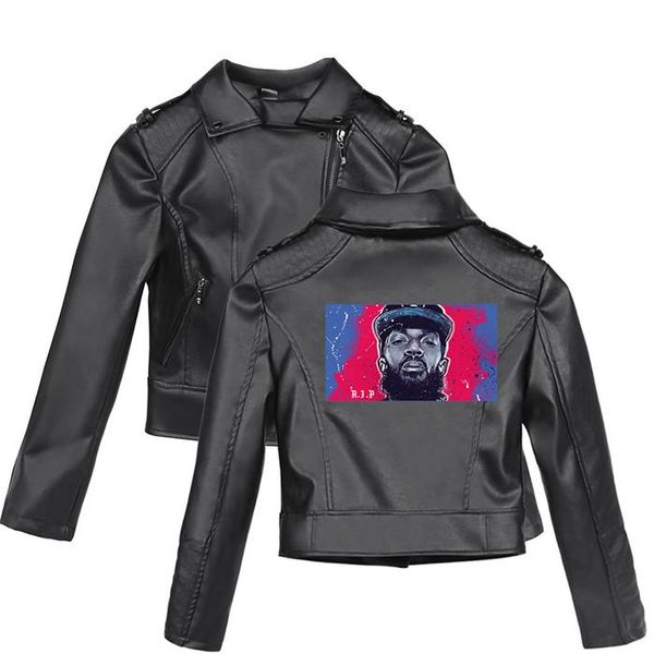 женская кожа плюс размер куртки с длинным рукавом женского пальто подросток nipsey hussle шаблон печать молния стиль, Black