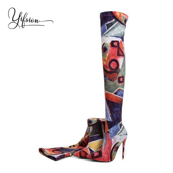 

yifsion new fashion stretch fabric women over the knee boots pointed toe back slip on women autumn sock boots shoes woman, Black