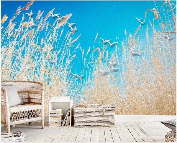 

wdbh 3d wallpaper custom p modern fresh reed blue sky flying bird pastoral background mural decoration painting wallpaper for walls 3 d