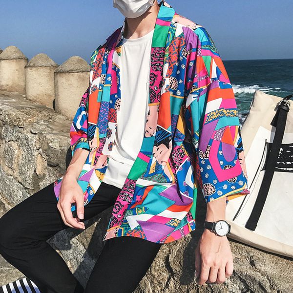 

japanese ukiyoe kimono jackets mens harajuku streetwear jacket coat spring summer hip hop thin gown japan style hipster, Black;brown