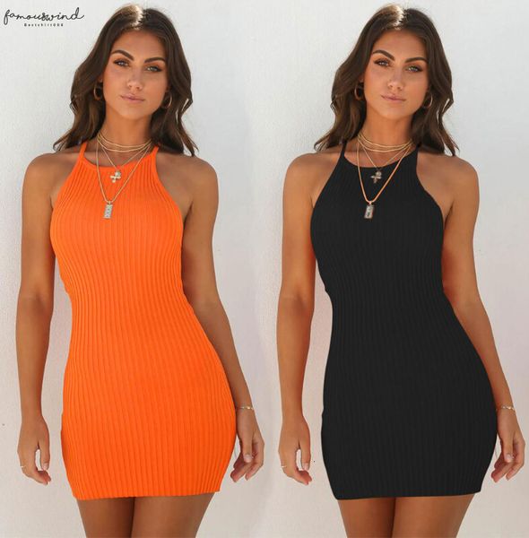 

2020 maxi dresses summer casual dress women sleeveless halter black orange short mini dress bodycon party beach dresses sundress, Black;gray