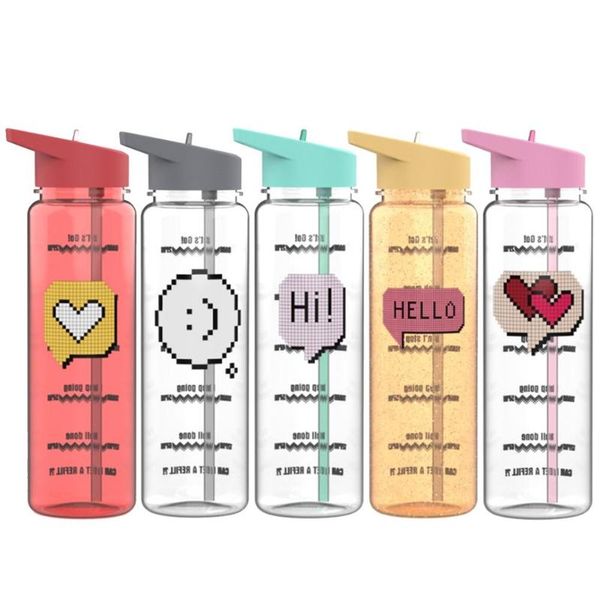 

25oz leakproof bpa fitness water bottle with time marker+straw lid outdoor travel cup portable handle straw sports kettle