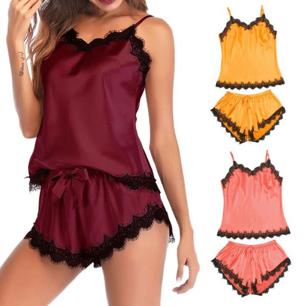 

local stock usa womens 2pcs sleepwear set lace sleeveless short lingerie suit nightdress, Black;red