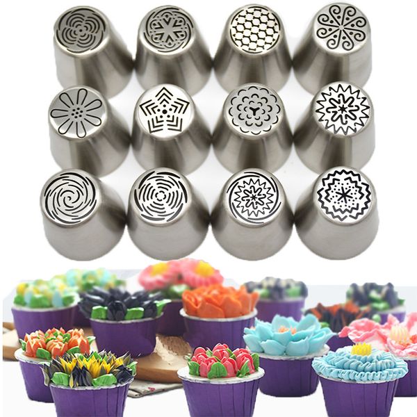 NEW 12 PCS / Jogo da cozinha Sugar boca flor da crosta de gelo russo ferramentas Piping pastelaria Dica define Baking Mould Fondant bolo Decor Com um conversor